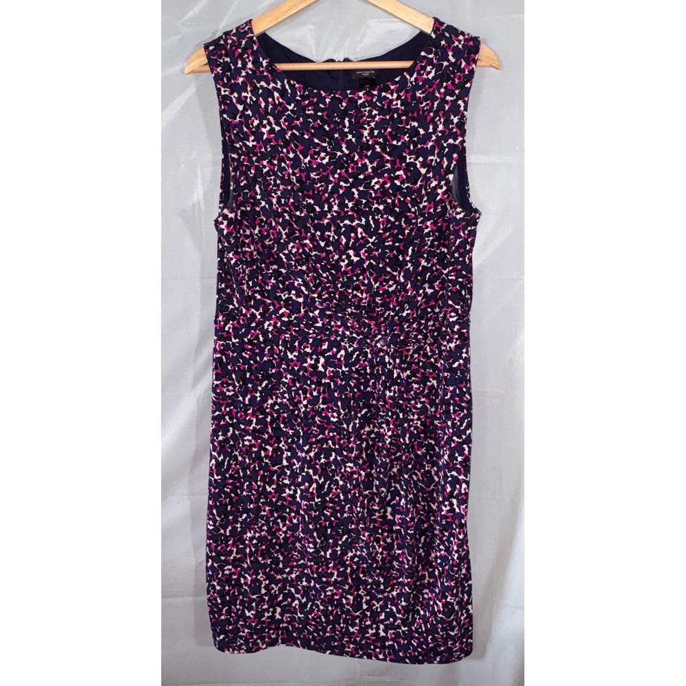 Ann Taylor Petite Navy Purple Abstract Print Knot Front Sheath Dress 12P Party